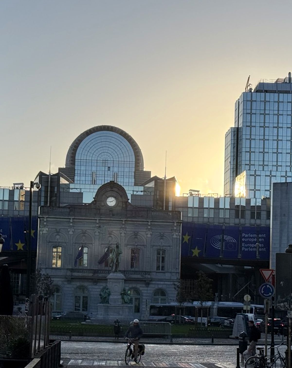 European Parliament at Place du Luxembourg, Brussels, at dusk